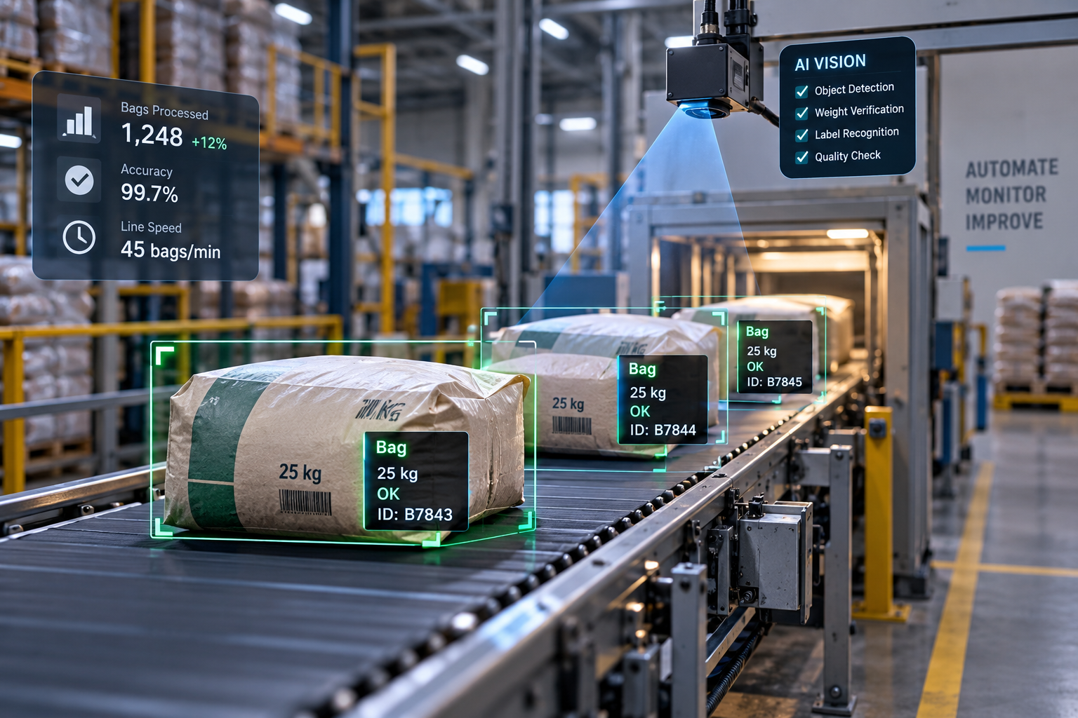 AI computer vision system counting bags on a warehouse conveyor belt